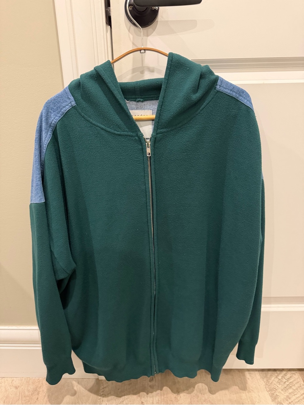 Sandro Forest Green Zip-Up Hoodie with Light Blue Shoulder Panels & Back